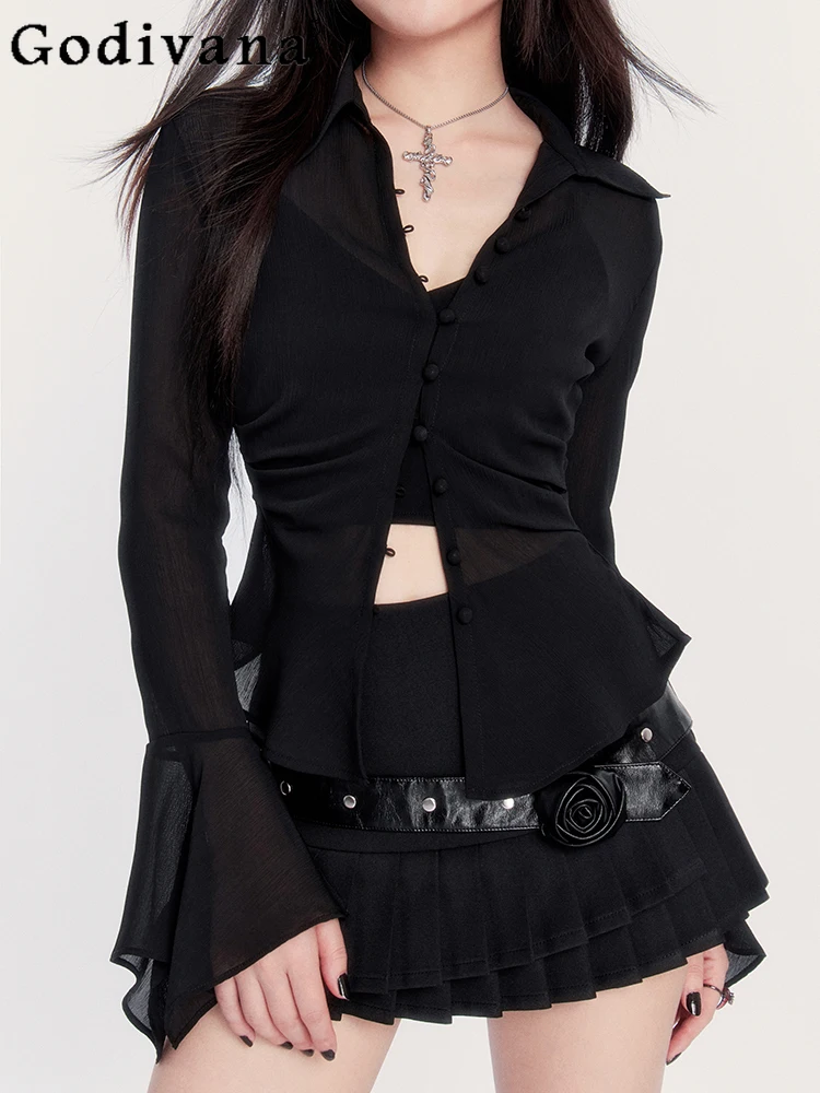

Spring Summer Irregular Pleated Slim Sexy Vacation Temperament Black Shirt Personality Girls Ruffles Sun Protection Cardigan Top