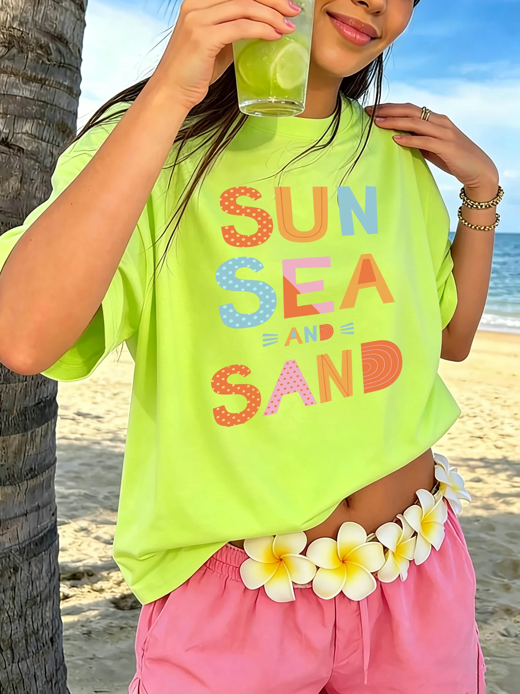 Sun Sea And Sand Prints Cotton T-Shirts Womens Summer Oversized Tops O-Neck Soft Short Sleeve T Shirts Basic Comfortable Clothes