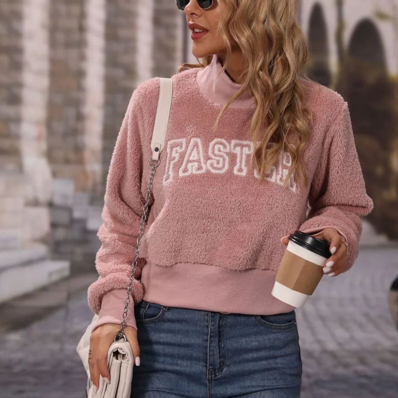 Autumn And Winter Warm Women's Round Neck Pullover Long Sleeved Letter Embroidered Ice Cream Powder Hoodie