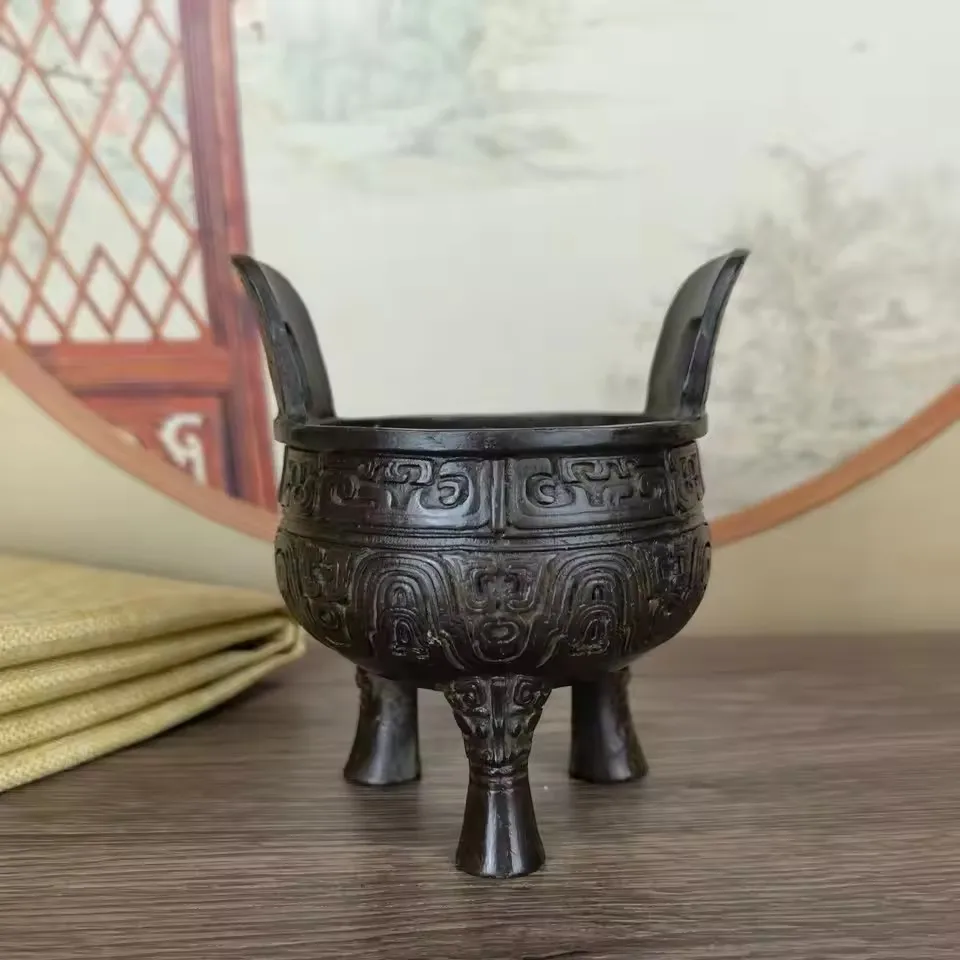 Chinese Style Double-eared Antique Reflux Tripod Copper Tripod Pattern Incense Burner Collection Decorative Ornament
