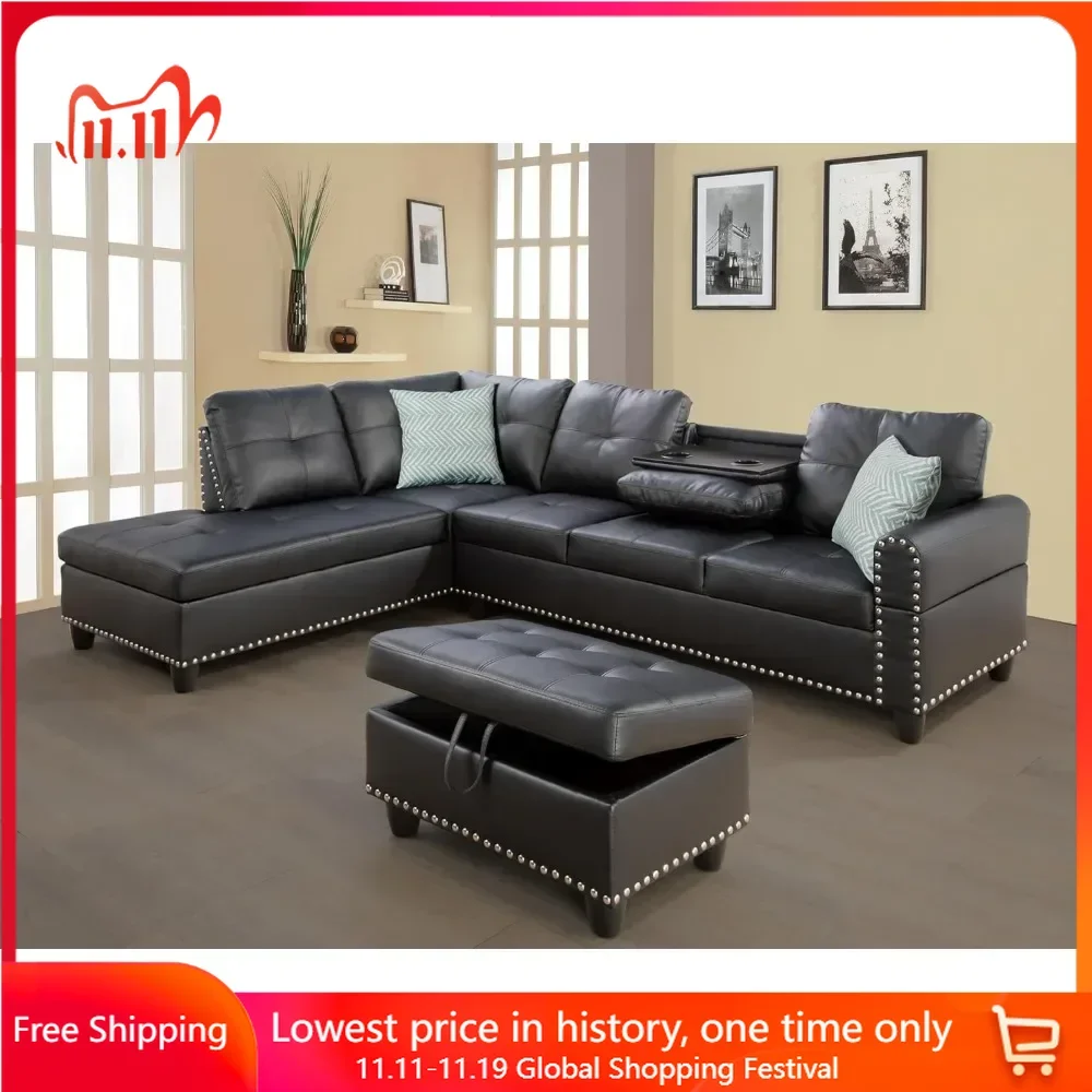 

Sectional Sofa with Removable Storage Ottoman L-Shape Couch with Cupholder and Nailhead Trim 8" Faux Leather Sectional Sofa