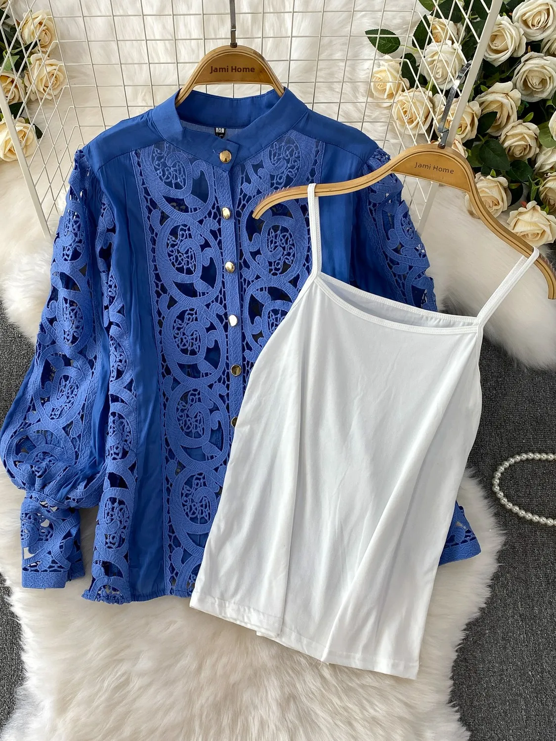 

Gentle Breeze Blue Lace Collar Lantern Sve irt + Csole + High Waist Slimming Long Dr Tee-Piece Set Women's Faion