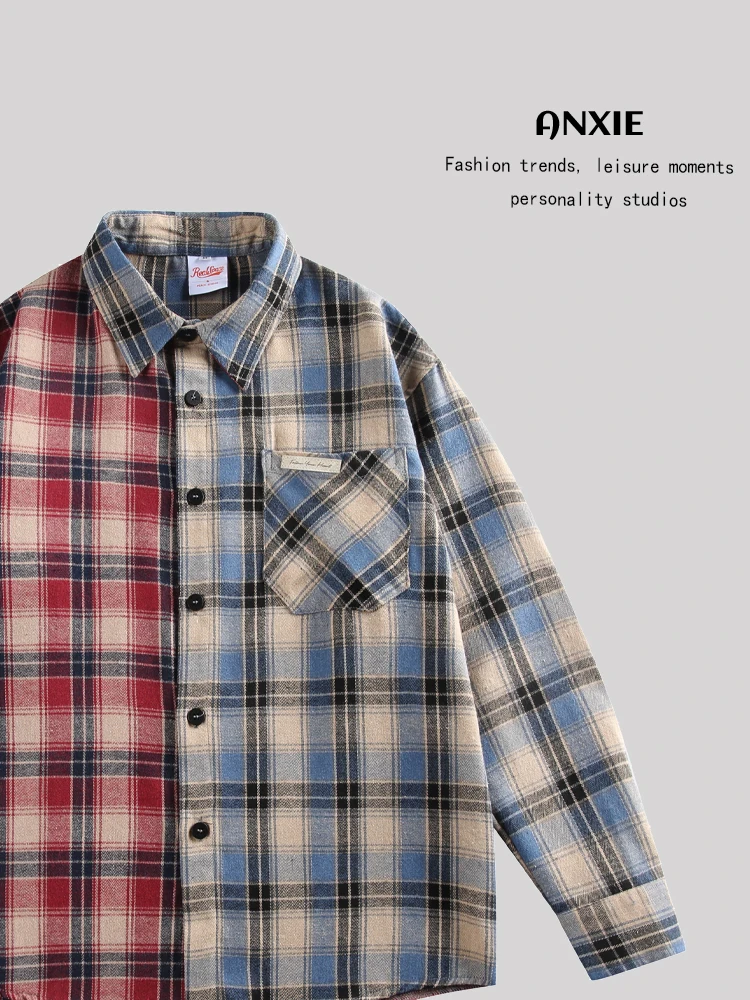 

ANXIE Color Blo irt Men's Women's Long Sve Plaid Pattern High Street Sle Autumn Collection Casual Wear