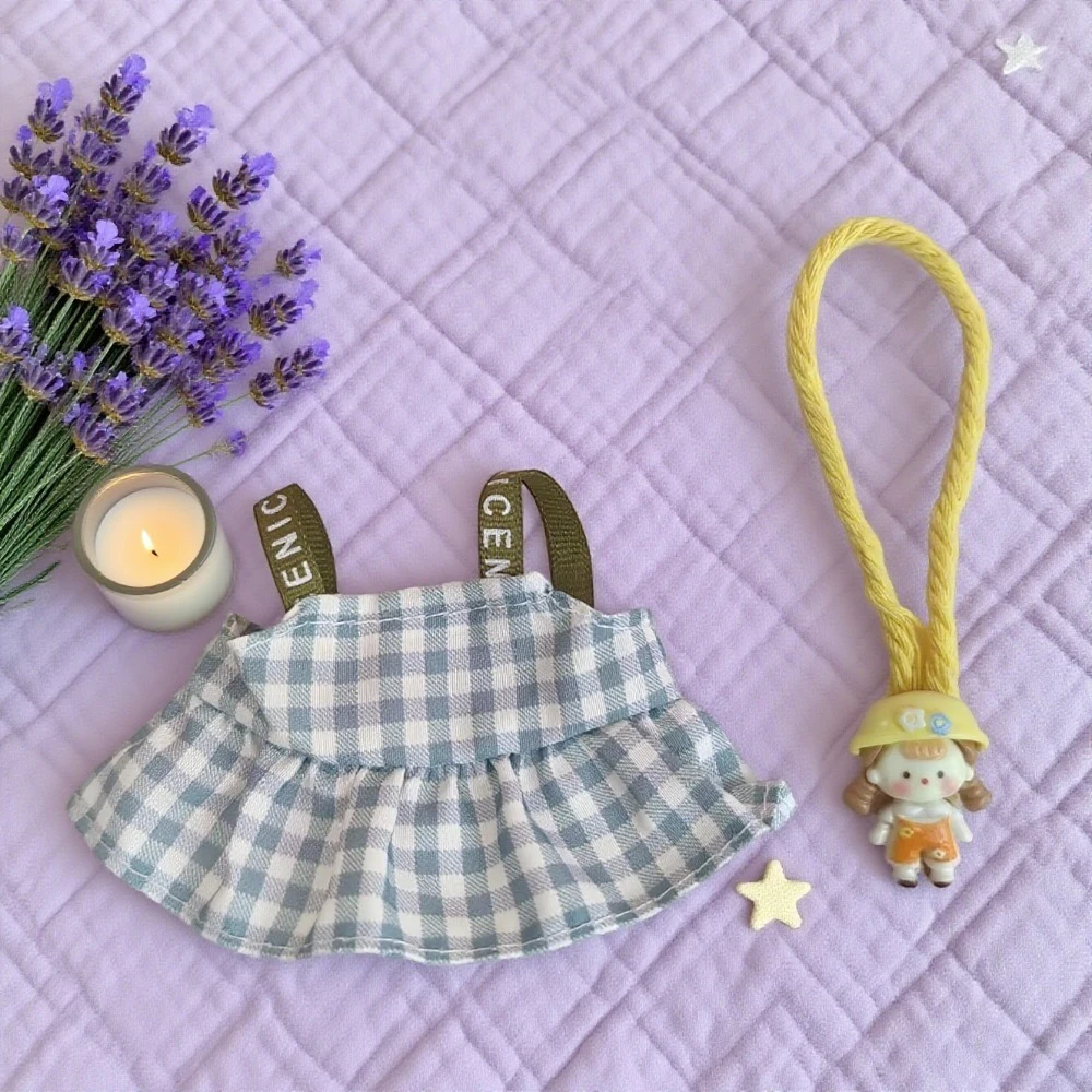 

For labubu sitting party blue pink strap fragrant skirt set outfit clothes sweet.for labubu clothes