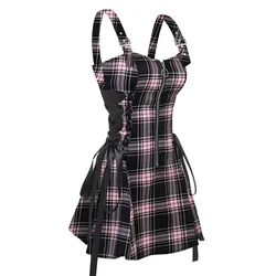 Dressfo 2024 Womens Retro Plaid Print Lace Up Dress O Ring Half Zipper Adjustable Buckle Strap Sleeveless Mini Dress