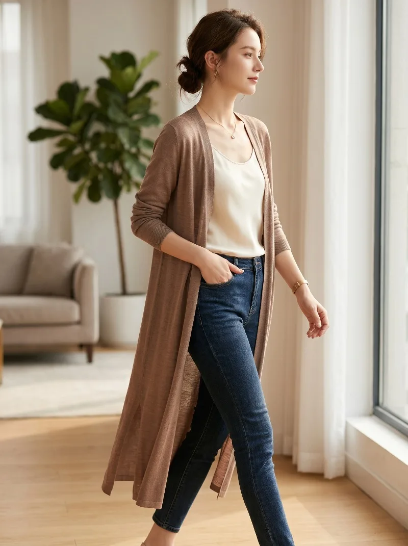 Ladies Ice Silk Knit Sun Protection Coat Loose Three Quarter Sleeve Open Front Cardigan Casual Thin Breathable Daily Outerwear view 3
