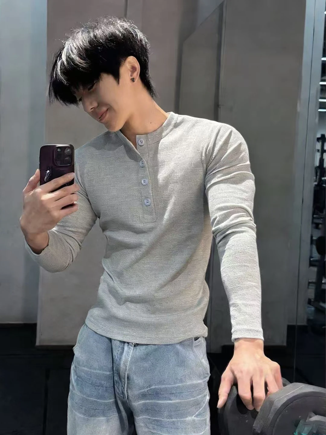 

Мужская футболка с воротником Henley и длинным рукавом, базовый слой, приталенный крой, для открытого кардигана, влагоотводящая