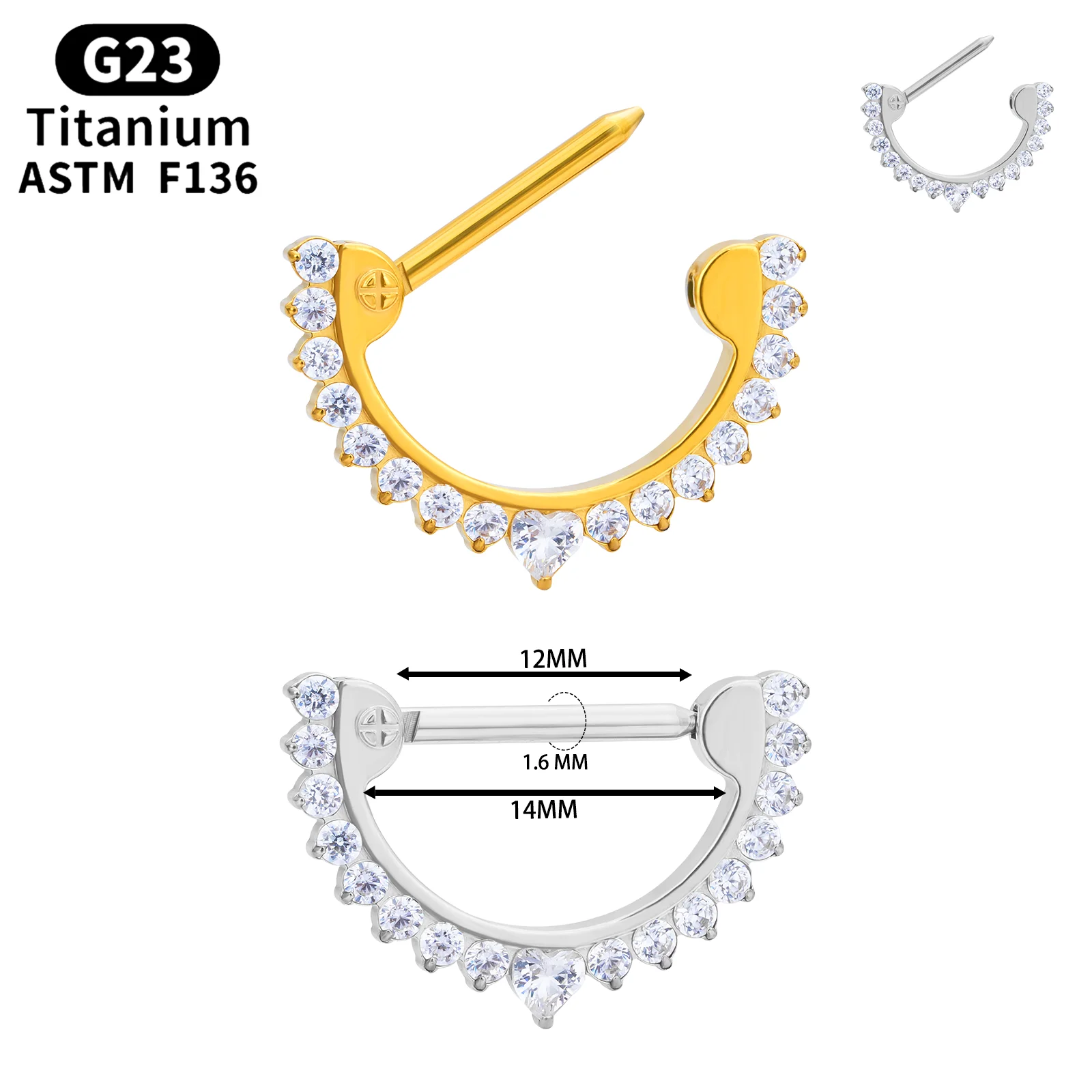 

New G23 ASTM F136 Titanium Piercing 14G Half-Circle D Shape Nipple Ring Cubic Zircon Gem Stones Inlay Sexy Women Body Jewelry