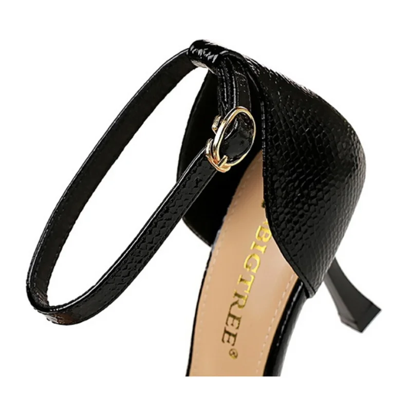 Women's Etiqutte Snake Texture Sandals With Buckle Strap Kitten Heels 8cm OL Dress Stilettos Pointy Toe Black Beige Pumps 34-43