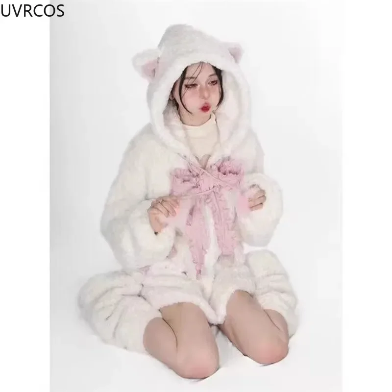 Sudaderas con capucha gruesas Harajuku Y2k para mujer, Abrigo con capucha de oreja de gato con lazo Kawaii, sudaderas sueltas informales góticas