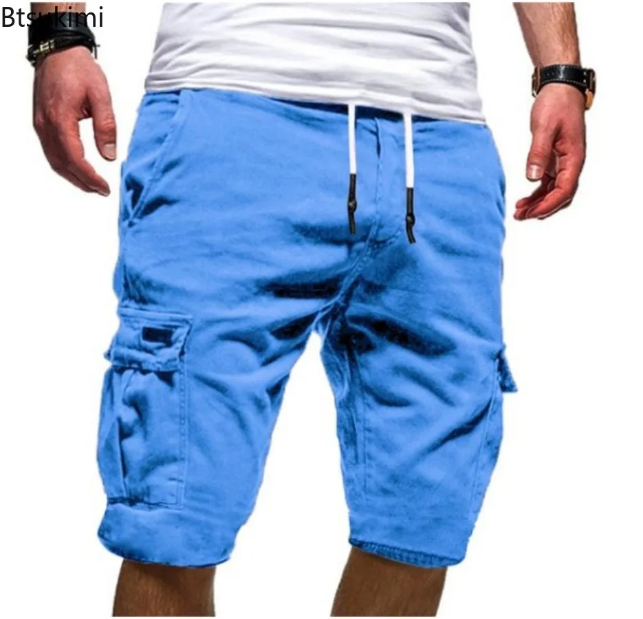 Summer Men's Cargo Shorts Solid Casual Multi Pockets Fashion Half Pants Loose Drawstring Shorts for Men Clothing Jogging Shorts