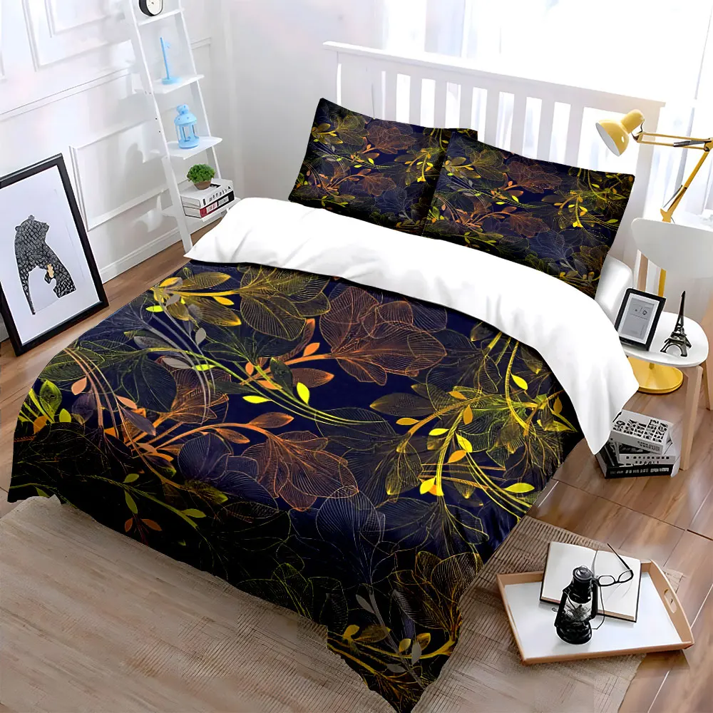 3Pcs Transparent Gold Leaf Vine Duvet Cover Set, Dark Navy Tropical Botanical Bedding Single Double King Queen, Gift