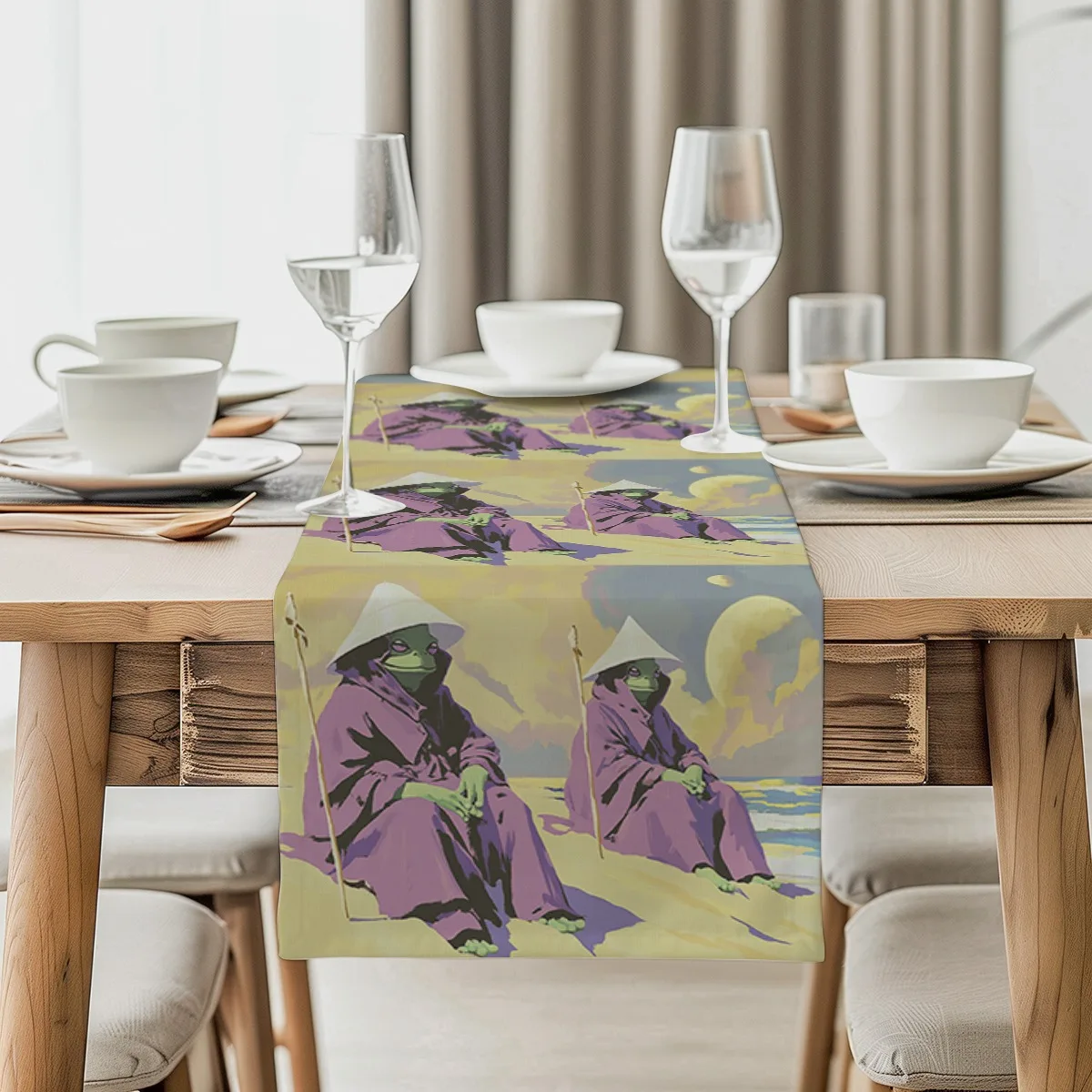 

print table runner Zen Frog Coastal Style Tablecloth Ideal for Kitchen,Dining,Coffee Table,side tables,Holiday Home Decor
