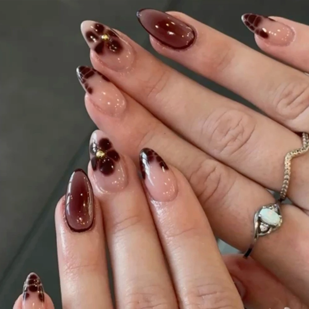 フレンチハロー染色花びらアーモンドネイルアート秋冬ファッション付け爪取り外し可能完成済み付け爪プレスオンネイル