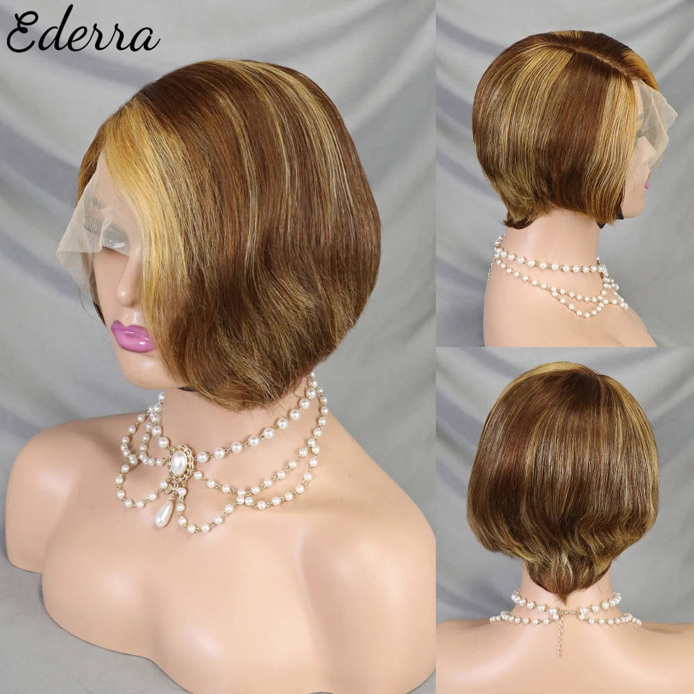 여성용 픽시 컷 가발 레이스 인모 가발, 스트레이트 숏 밥 가발, 13x4x1 레이스 가발, 프리플러그 브라질 인모, 버건디 옴브레 