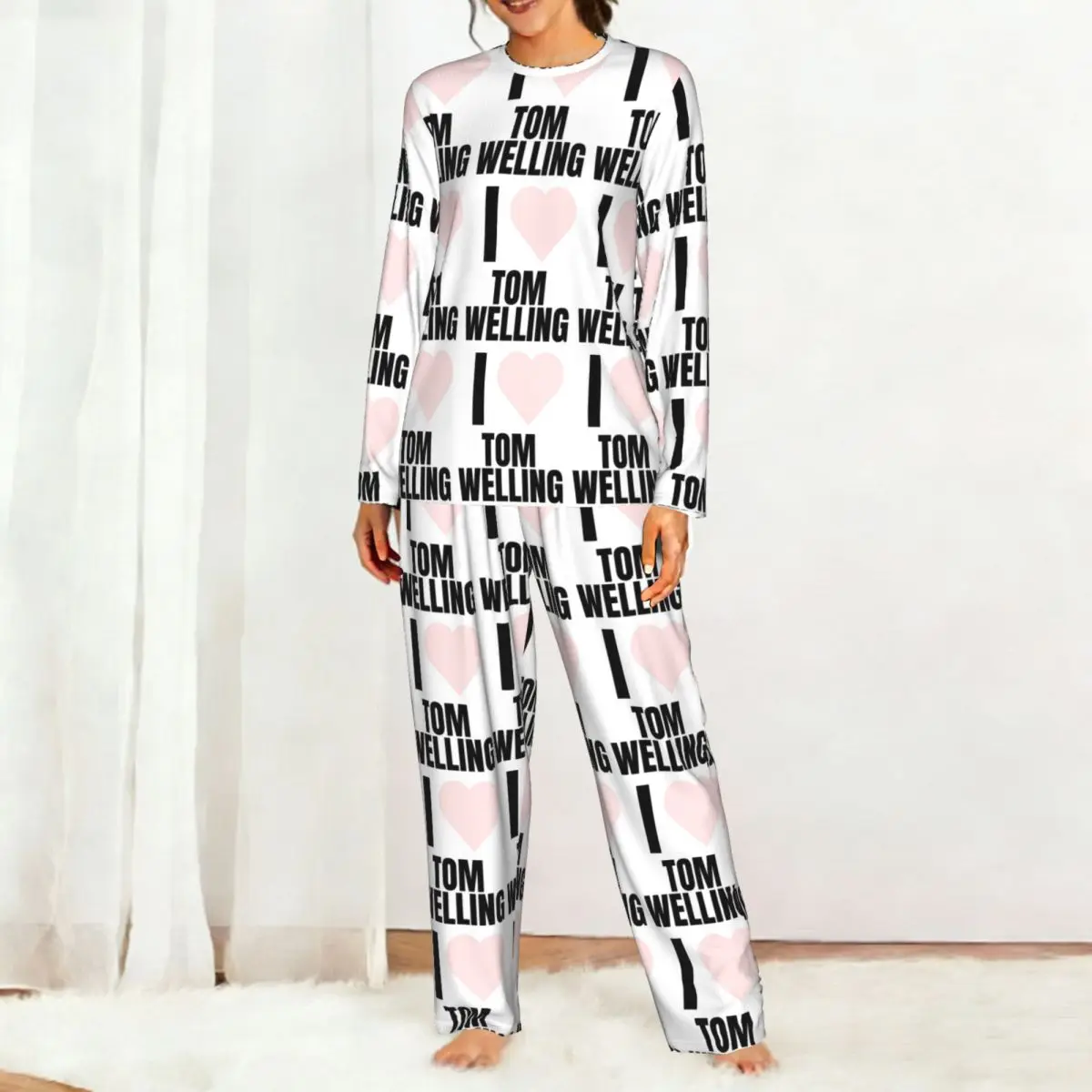 Vintage Tom Welling Heated Rivalry Round Neck Long Sleeve Nightgowns for Sleeping Sleepshirts Women Soft Pajama Set Long Pants