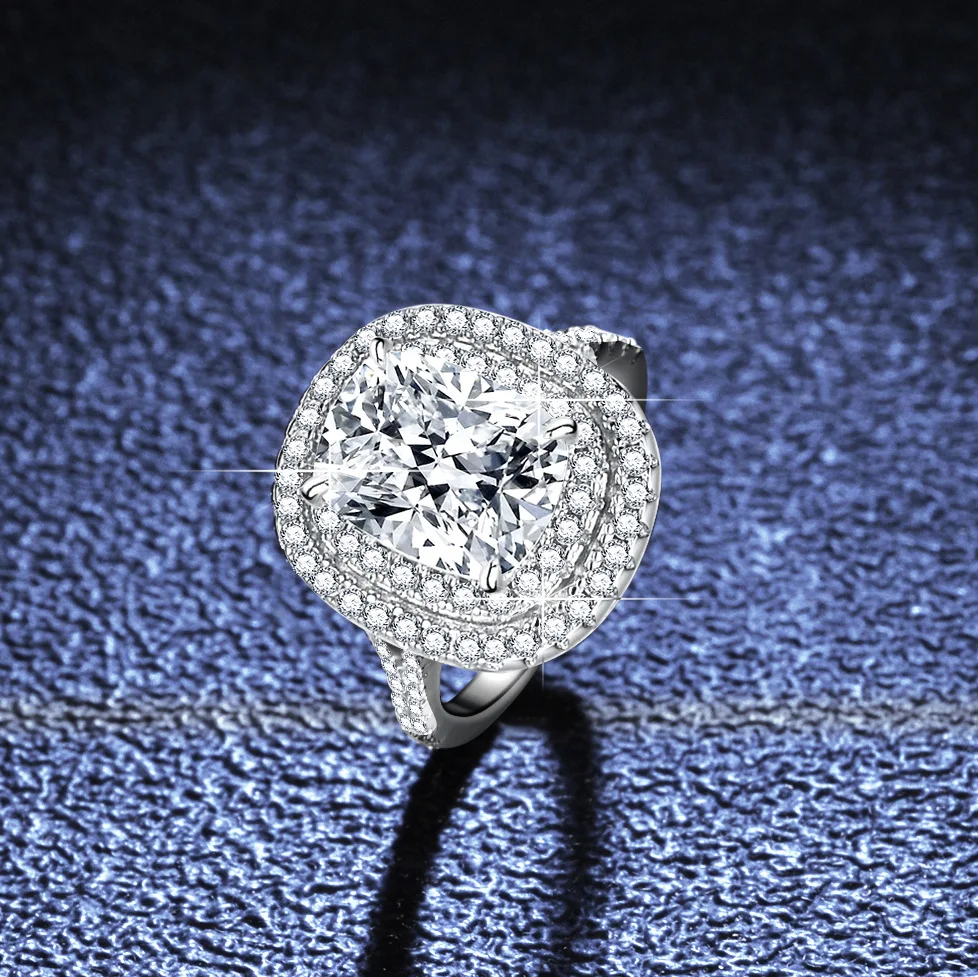 

S925 Rhodium Plated Silver 4CT D Color Moissanite Plump Rectangular Round Edge Engagement Ring for Women, Exquisite Jewelry