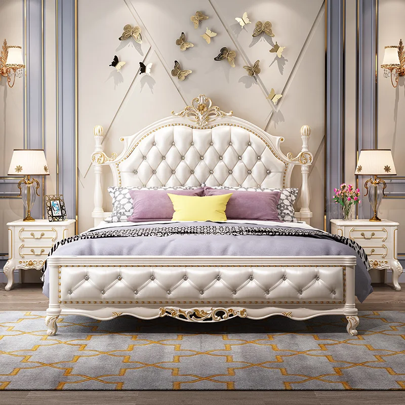 

Pretty European Double Bed Tall Headboard Elegant Wood Luxury Lit Pliable Bed Frame Sets Modern Cama Moderno Lujo Furniture Home