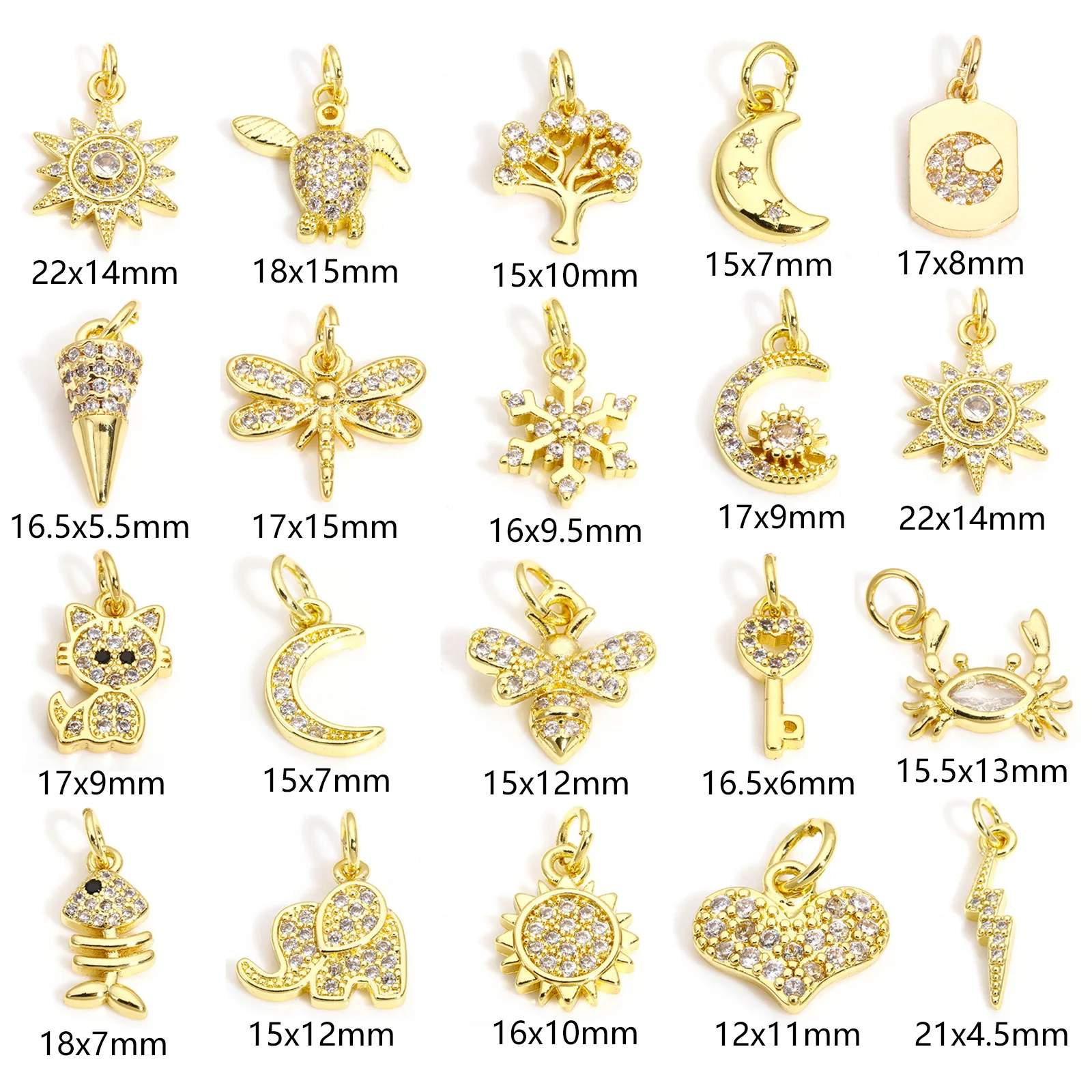 Encantos de latão banhado a ouro 18k para mulheres, sol, inseto, zircônia cúbica clara, pentagrama, lua, circular, requintado, pingente pequeno, 2pcs