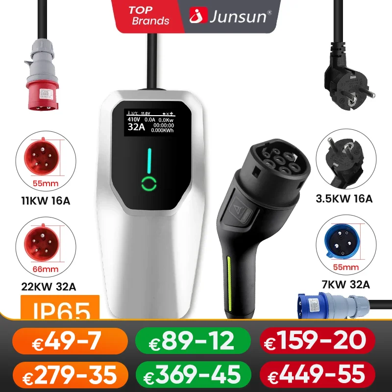 Junsun chargeur EV Portable Type2 IEC62196-2 boîte murale 3,5KW à 22KW 6A à 32A 4 mètres IP65 pour Tesla Kia Hyundai Nissan Dacia Junsun chargeur EV Portable Type2 IEC62196-2 boîte murale 3,5KW à 22KW 6A à 32A 4 mètres IP65 pour Tesla Kia Hyundai Nissan Dacia