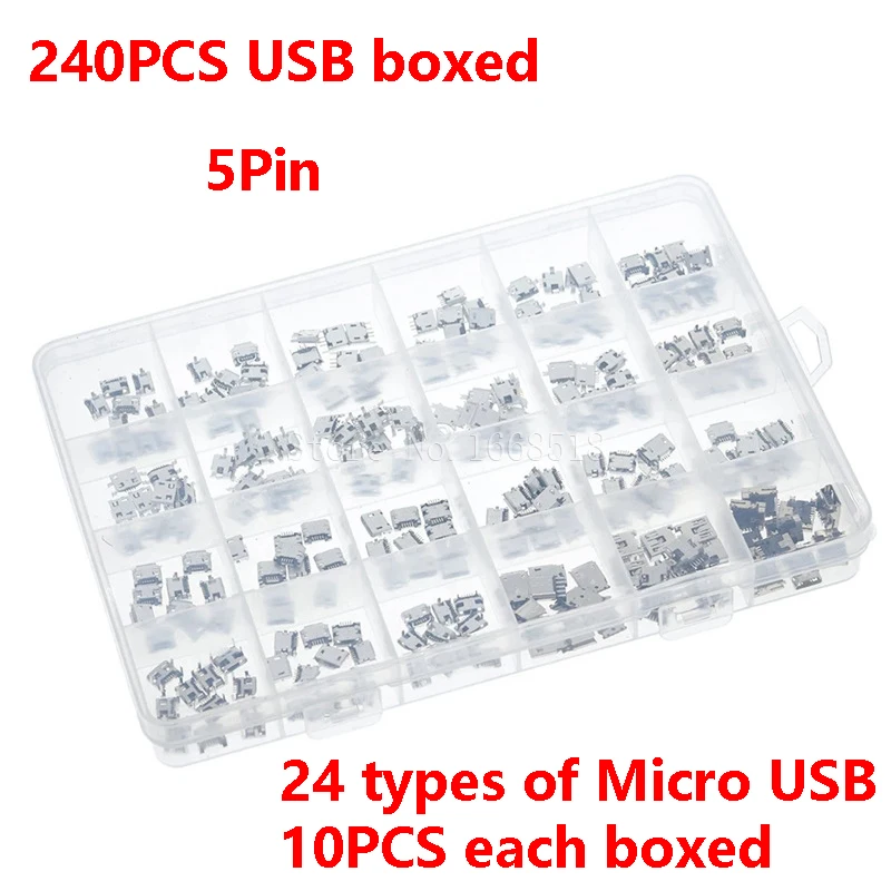 240Pcs/Box 24 Value Micro Usb 5Pin Jack Connector Socket Usb Connectors Set Kit For Moblie Phone And Mobile Power Bank