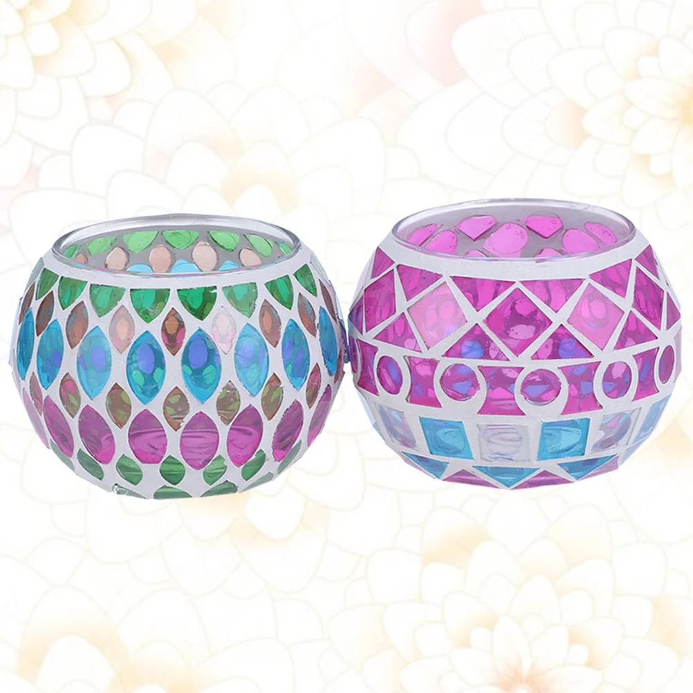 

2Pcs Mosaic Glass Holders Retro Round Colored Tealight Holder Vintage Style Home Office Decoration Aromatherapy