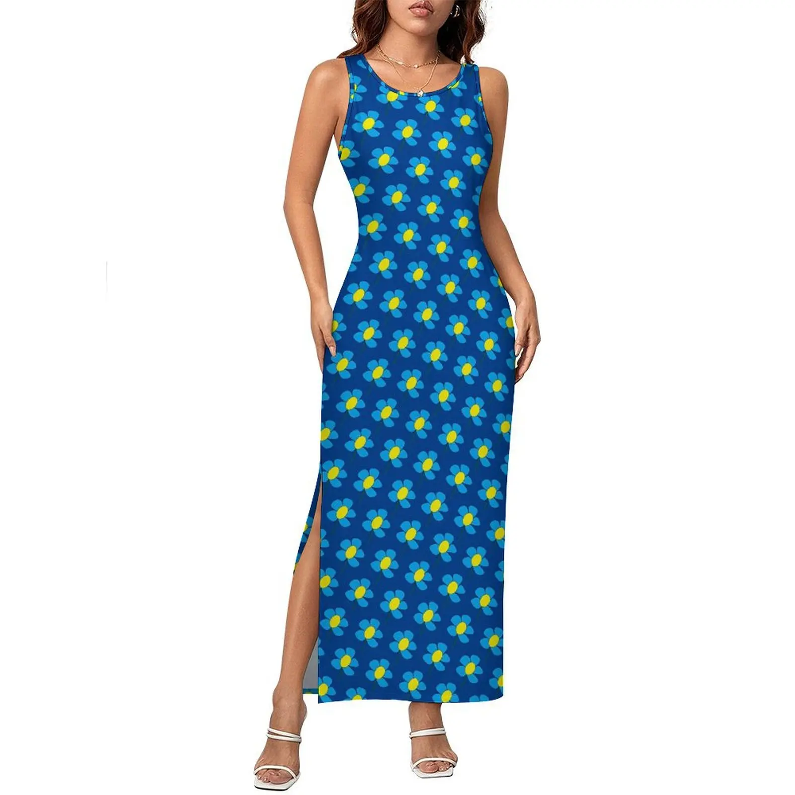 Women Bodycon Dress Night Club Blue And Yellow Daisy Maxi Dresses Spring Vintage Floral Sleeveless Street Style Dress Large Size
