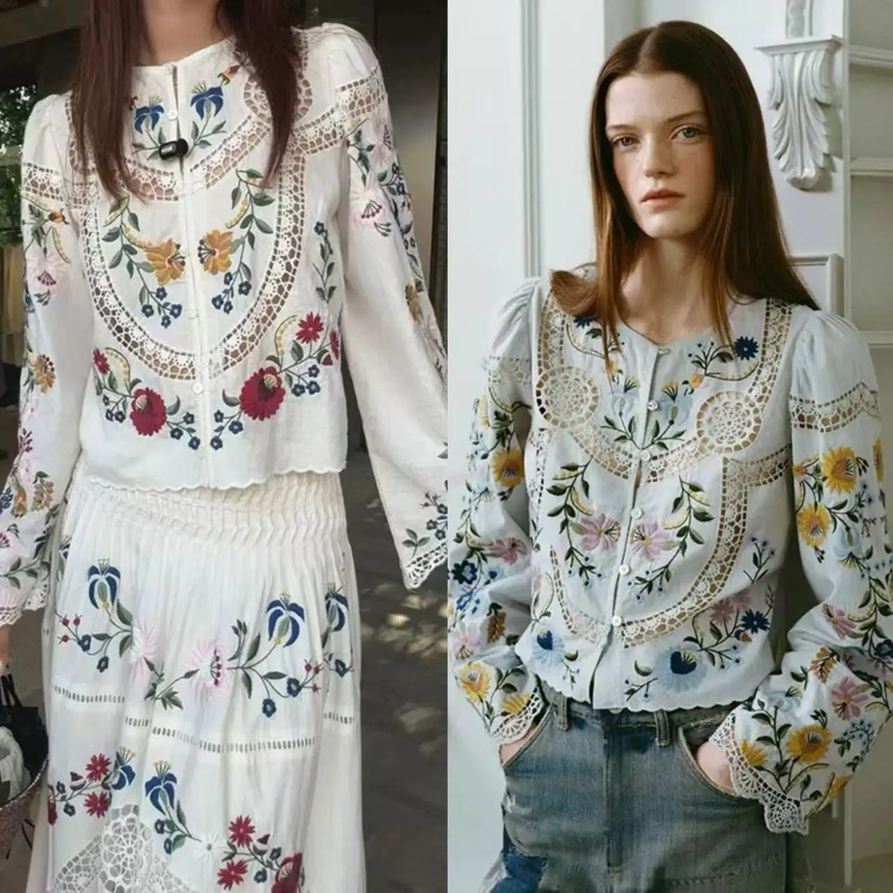 

Retro Sle Long Sve Embroidered Hollow out round Ne Button up irt Women's Slim Fit Cotton irt for Early Autumn