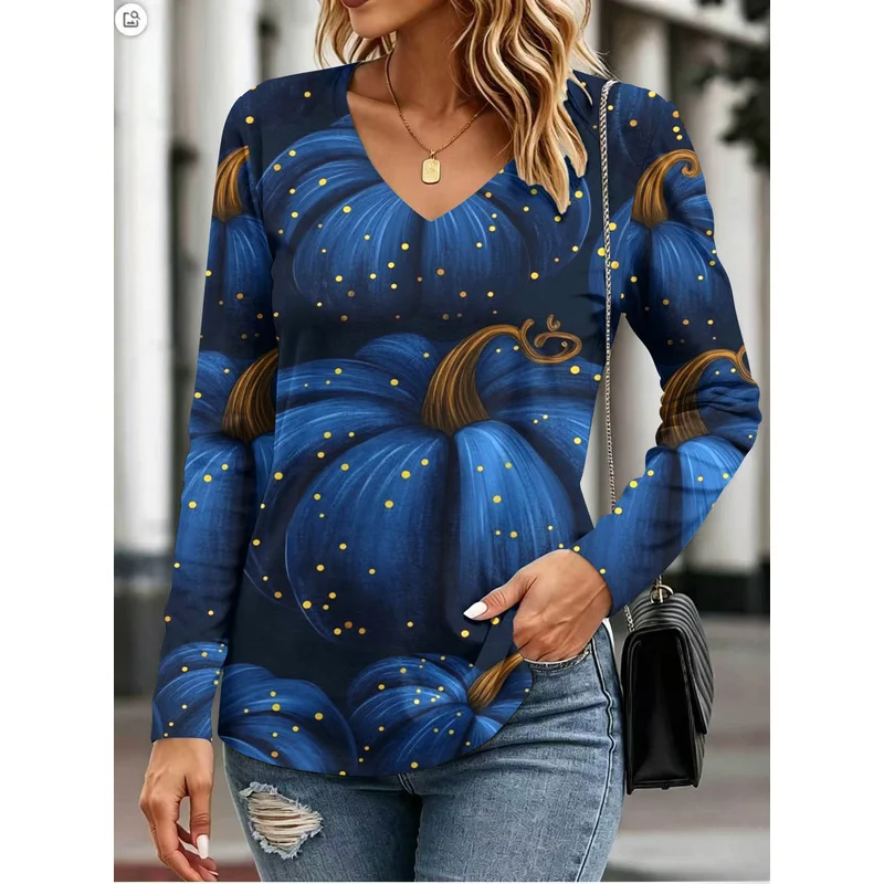 Halloween pumpkin lantern style women's long-sleeved topTPrinted T-shirtVCollarTT-shirt daily wear women's clothing