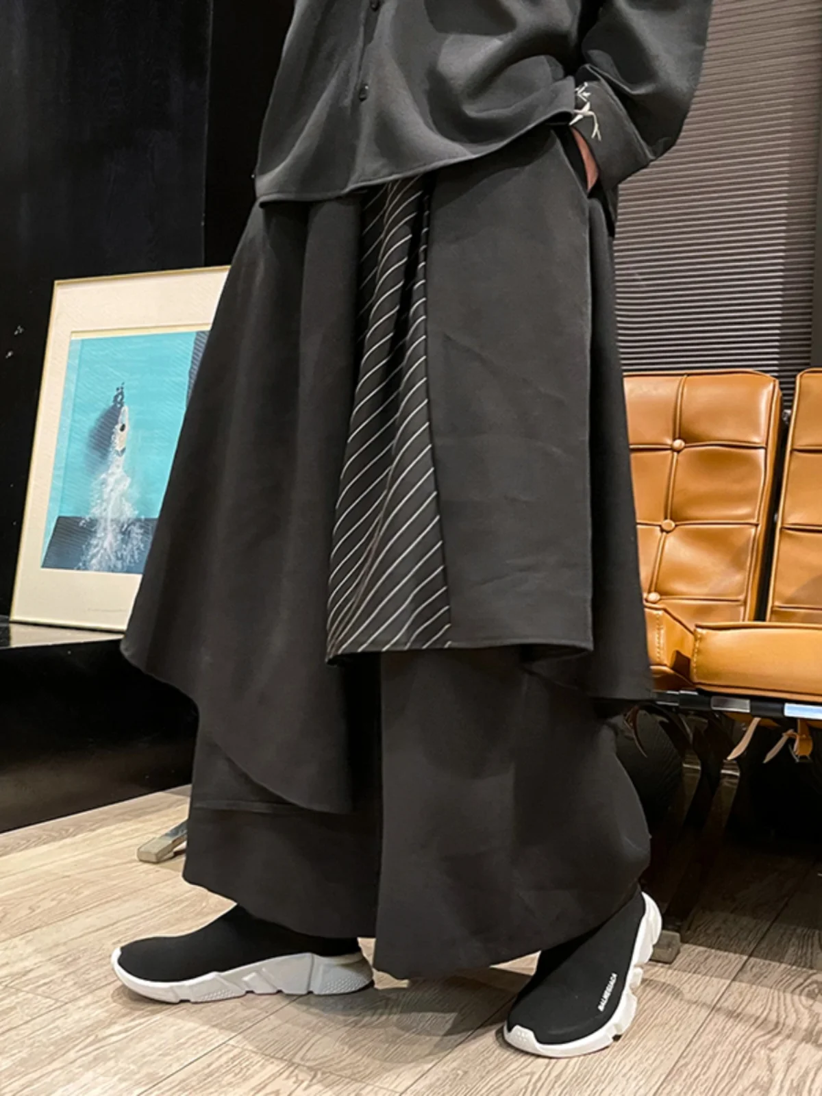 

Новые китайские мужские широкие брюки-кюлоты в стиле Ханьфу, серия Knight, с узорами и лоскутным шитьем