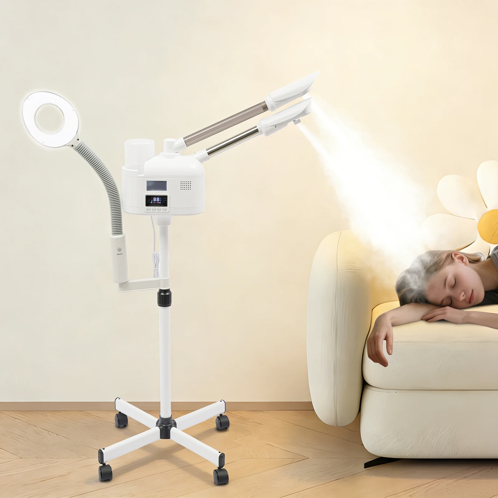 Vaporizador Facial Profesional 3 en 1 de 650W con Luz LED y Lupa, Pulverizador de Vapor Frío y Caliente Nano de 1L para Hogar y Salón