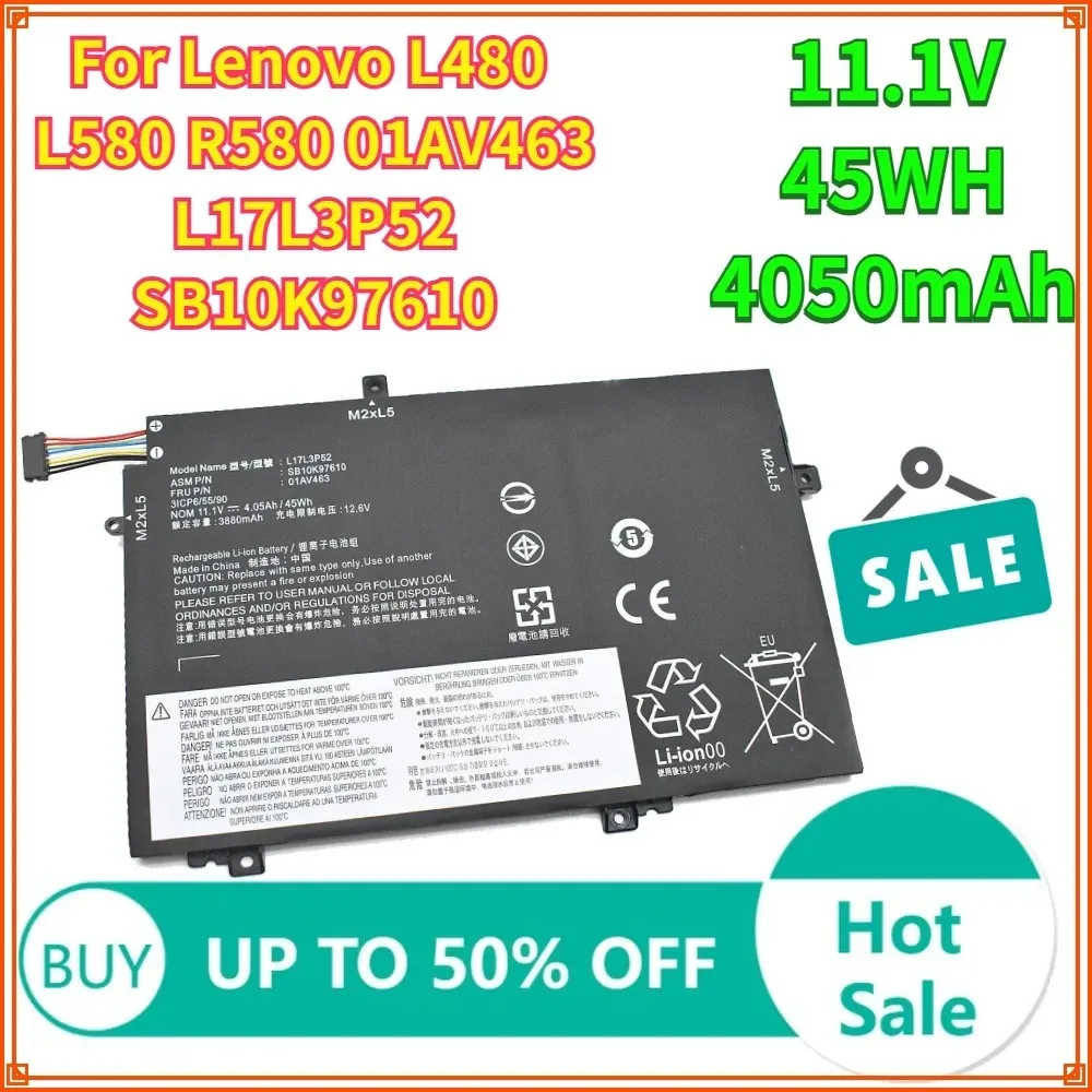 

Аккумулятор для ноутбука 4050 мАч 45 Втч 11.1 В 01AV463 L17L3P52 для Lenovo L480 L580 R580 01AV463 L17L3P52 SB10K97610