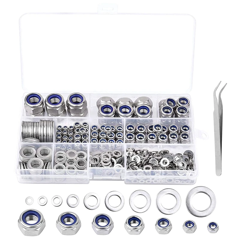 

980Pcs Lock Nuts Hex Nuts Lock Nuts With Flat Washers Washers 304 Stainless Steel Nylon Nuts Lock Washers Assortment Set