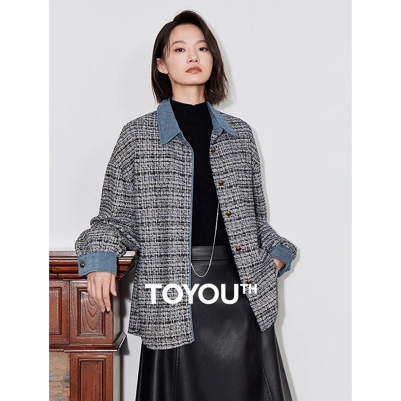 TOYOUTH Women Jacket Coat 2024 Autumn New Color Blocking Fake Two Piece Spliced Denim Turn Down Collar Office Lady Blouse Coat