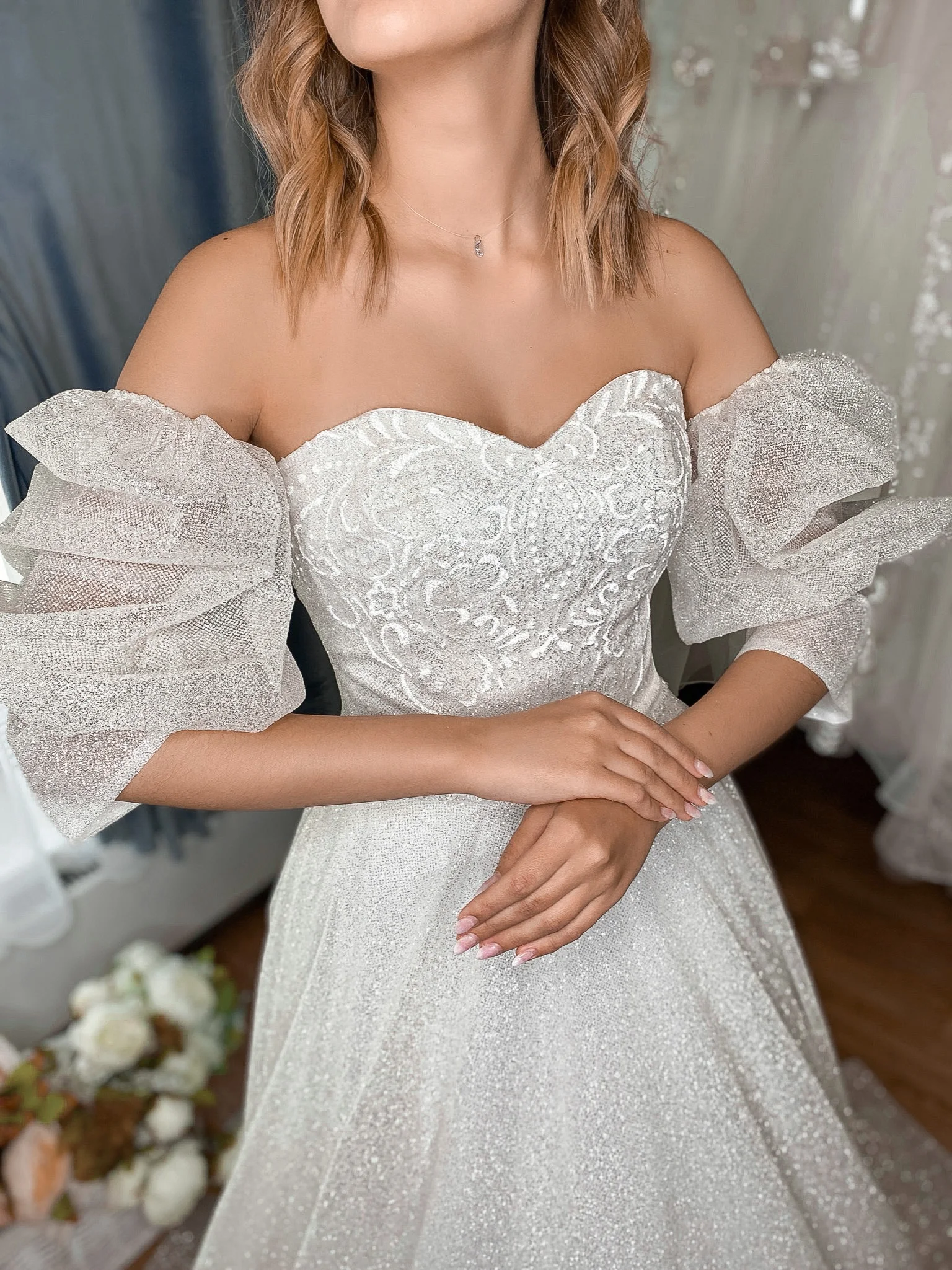 Robe De Mariée trapèze en tissu, magnifique Robe De princesse, manches mi-bouffantes, amovible