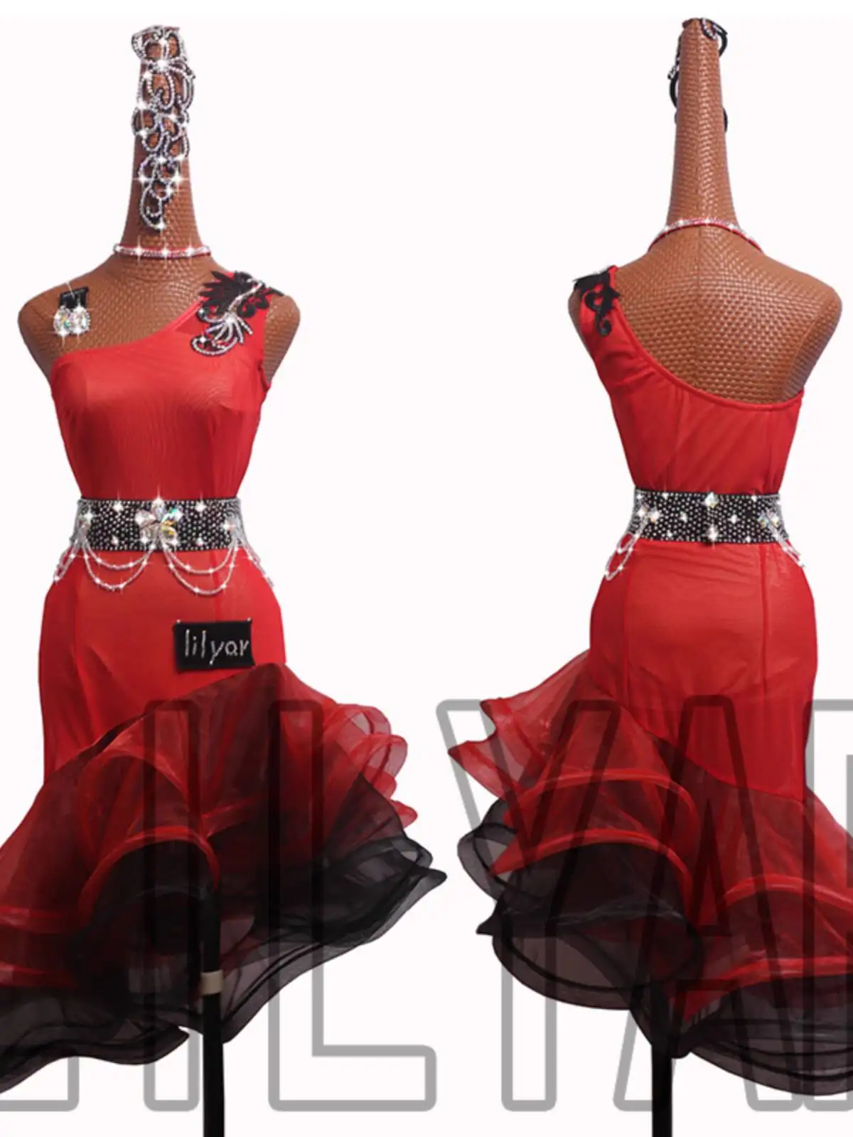 

Новое платье для соревнований по латинским танцам для взрослых и женщин, платье для выступлений, платье для выступлений, красное, черное, с открытыми плечами