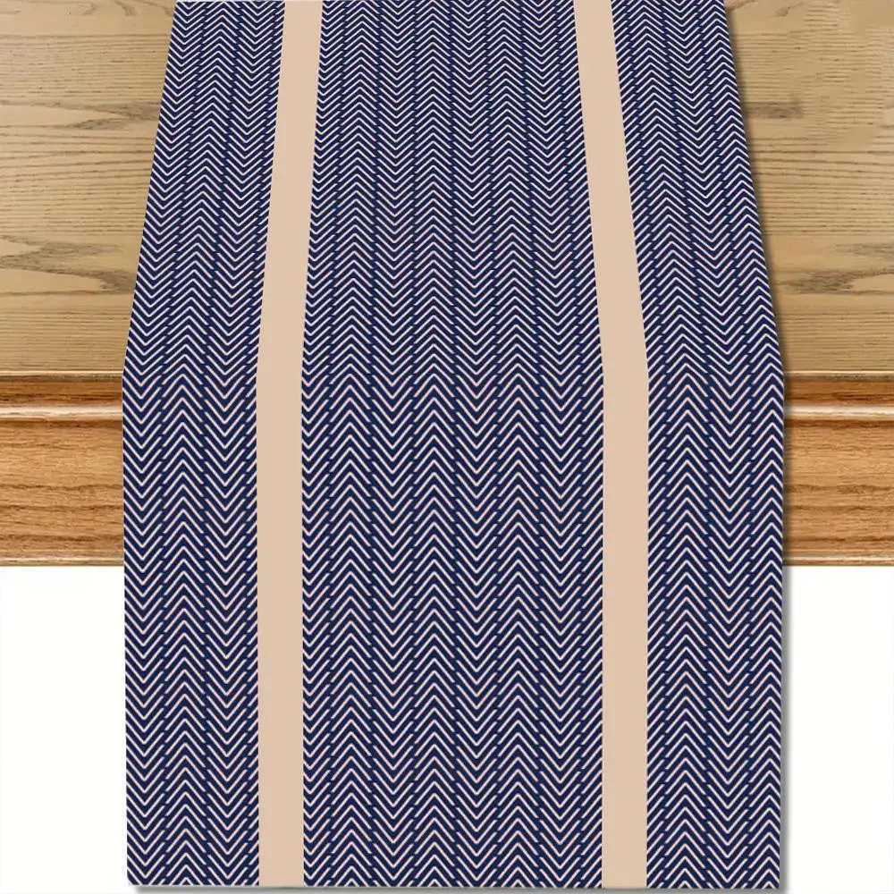 

Navy Beige Zigzag Stripe Table Runner - Easy Clean Indoor Outdoor Kitchen Dining Family Party Decor