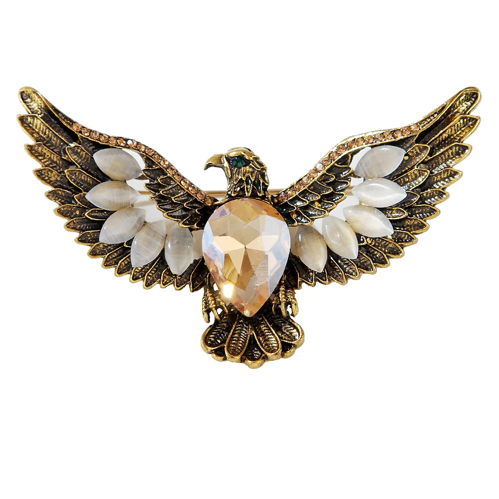 Creative Opal Rhinestone Eagle Spreading Wings Brooches Vintage Personality Brooch Animal Pin Clothing Accessories