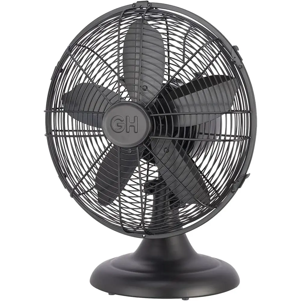 

12 Matte Black Retro Metal Desk Fan with Wide Oscillation, 3-Speeds and Carry Handle