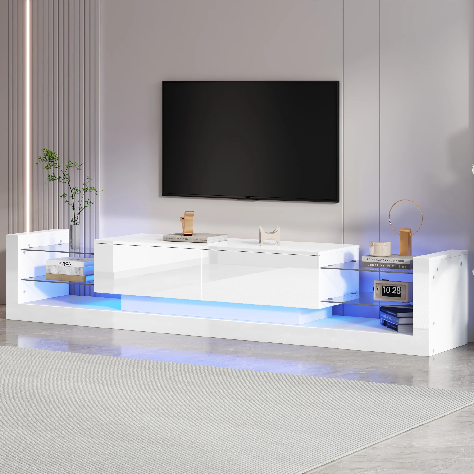 KOMHTOM Hochglanz-TV-Schrank mit klappbaren Schubladen - LED-Beleuchtung, Glasfront, 181 cm Höhe, Fernsehstandort für bis 80 Zol
