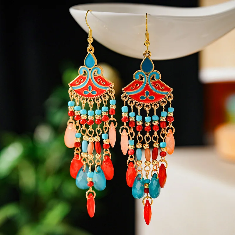 Böhmische mehrfarbige Reis perle Wasser tropfen Ohrringe für Frauen Temperament lange Emaille fächerförmige Ohrring Urlaub Party Schmuck – Detail 4