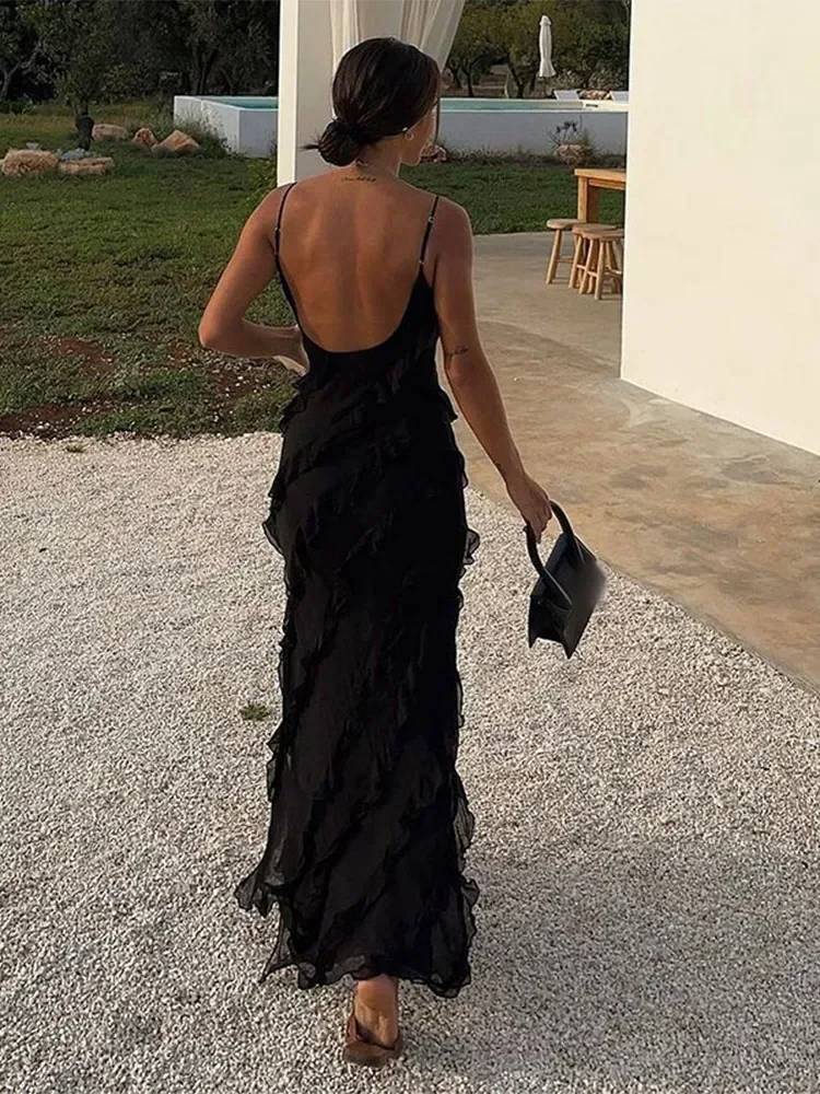 Women Black Stacked Ruffle Hem Long Dress sexy Sleeveless Backless Chiffon V-Neck Dresses 2024 New Lady Vacation Vestidos