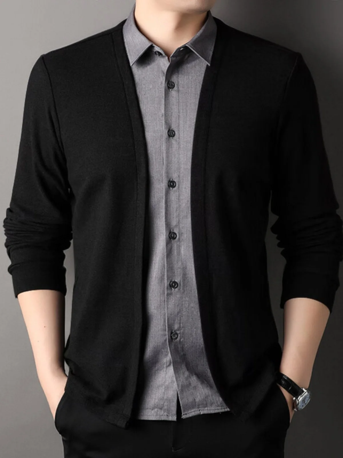 

Мужской вязаный кардиган с эффектом двухслойности, деловой повседневный стиль, с длинным рукавом, дышащий, немнущийся, износостойкий, влагоотводящий