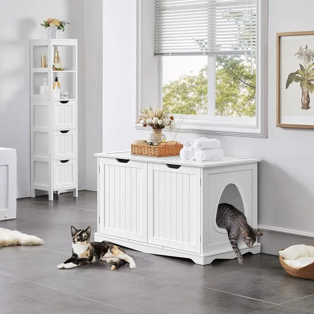 Cat Litter Box Enclosure, Box Cabinet Hidden, Wooden Pet Crate Kitty Washroom Storage Bench with Divider Home Litter Loo Indoor
