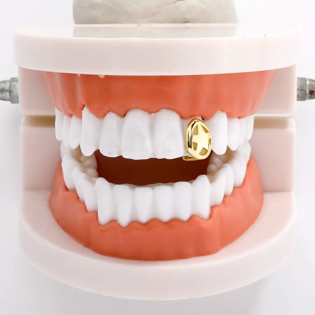 Star Hollow Out Single Tooth Grillz Plain Gold Silver Hip Hop Rapper Teeth Grills Wholesale Jewelry