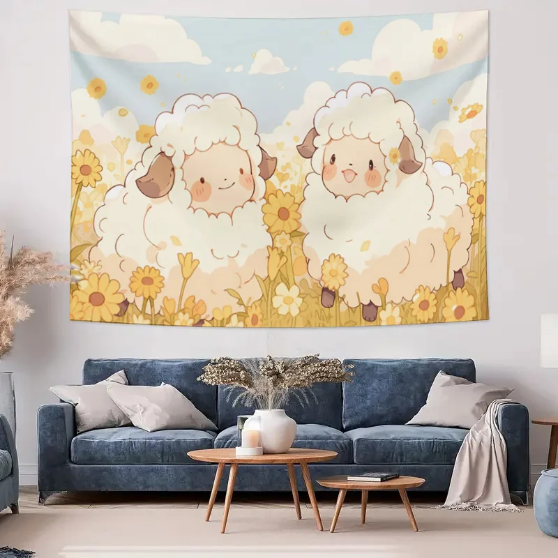 "Cute Cartoon Lamb Tapestry - Warm and Playful Children's Bedroom Decorative Hanging Rug"