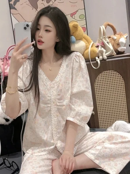 2025 Summer Fresh Sweet Cute Casual Cotton Floral Pajamas Loose Fit Wearable Homewear Set