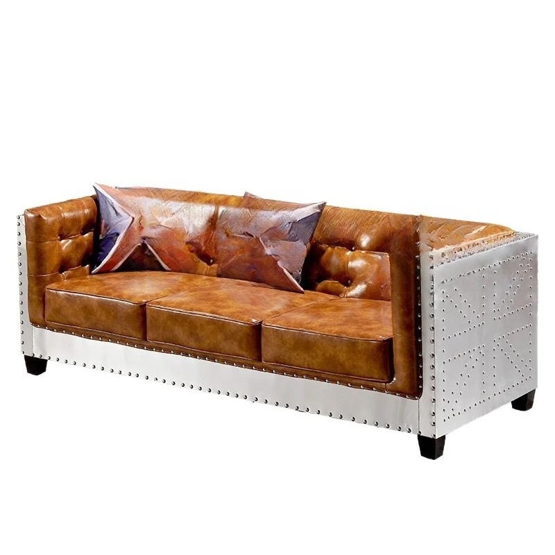 

Retro oil wax leath er American industrial leat her sofa cigar bar aluminum leather, large combination furniture