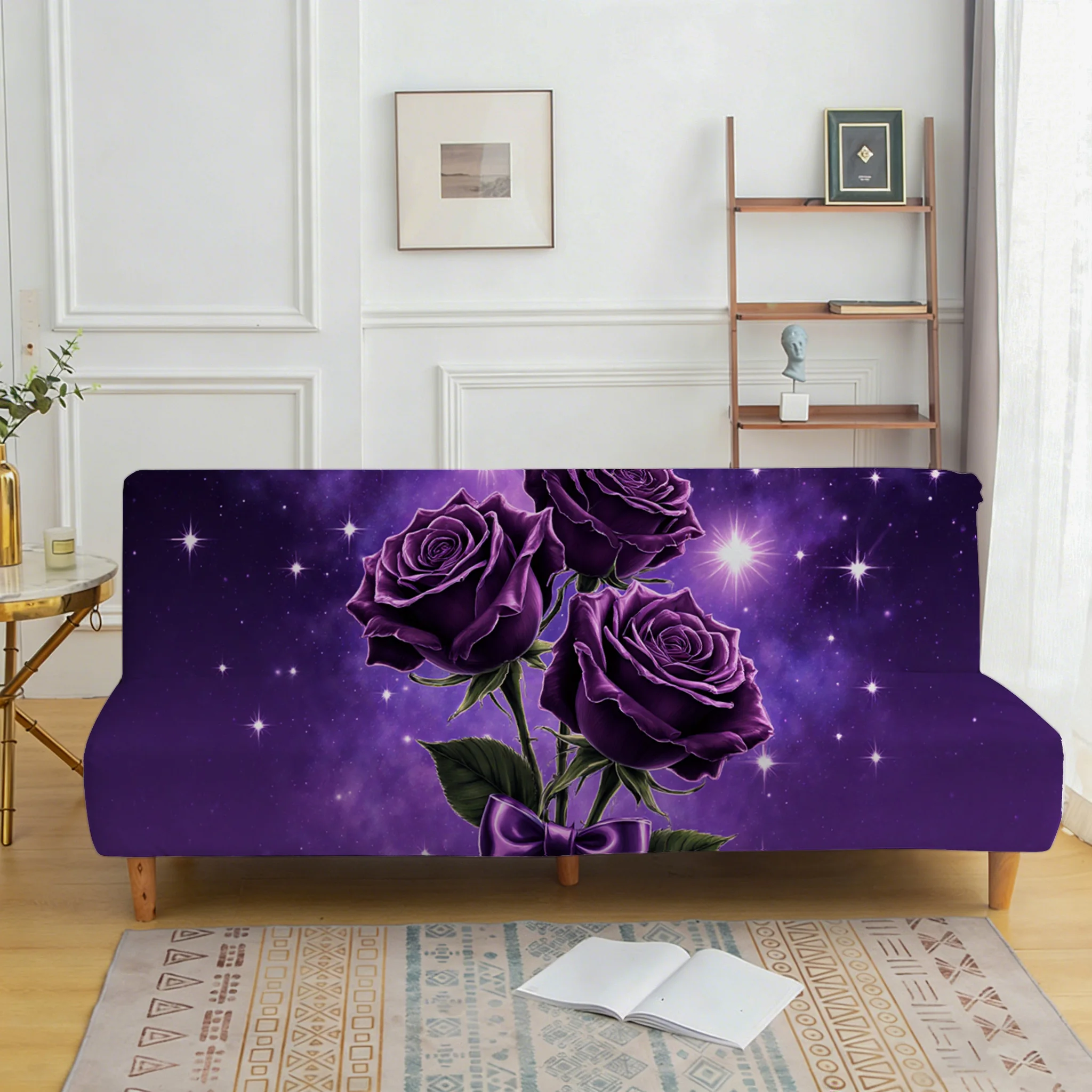 Purple bow rose print sofa bed cover, living room sofa bed cover, dustproof machine washable sofa bed cover