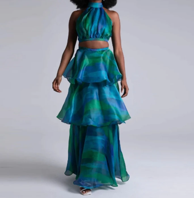 Women Urban Style Dress 2024 Spring/summer Latest Fashion Hanging Neck Tie Dyed Design Feeling Fluffy Sleeveness Cake Long Skirt